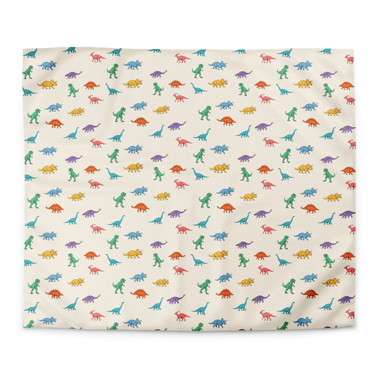 Colorful Dinosaurs dinosaur duvet cover in king size, all-over pattern of bright hand-inked dinosaurs on warm cream