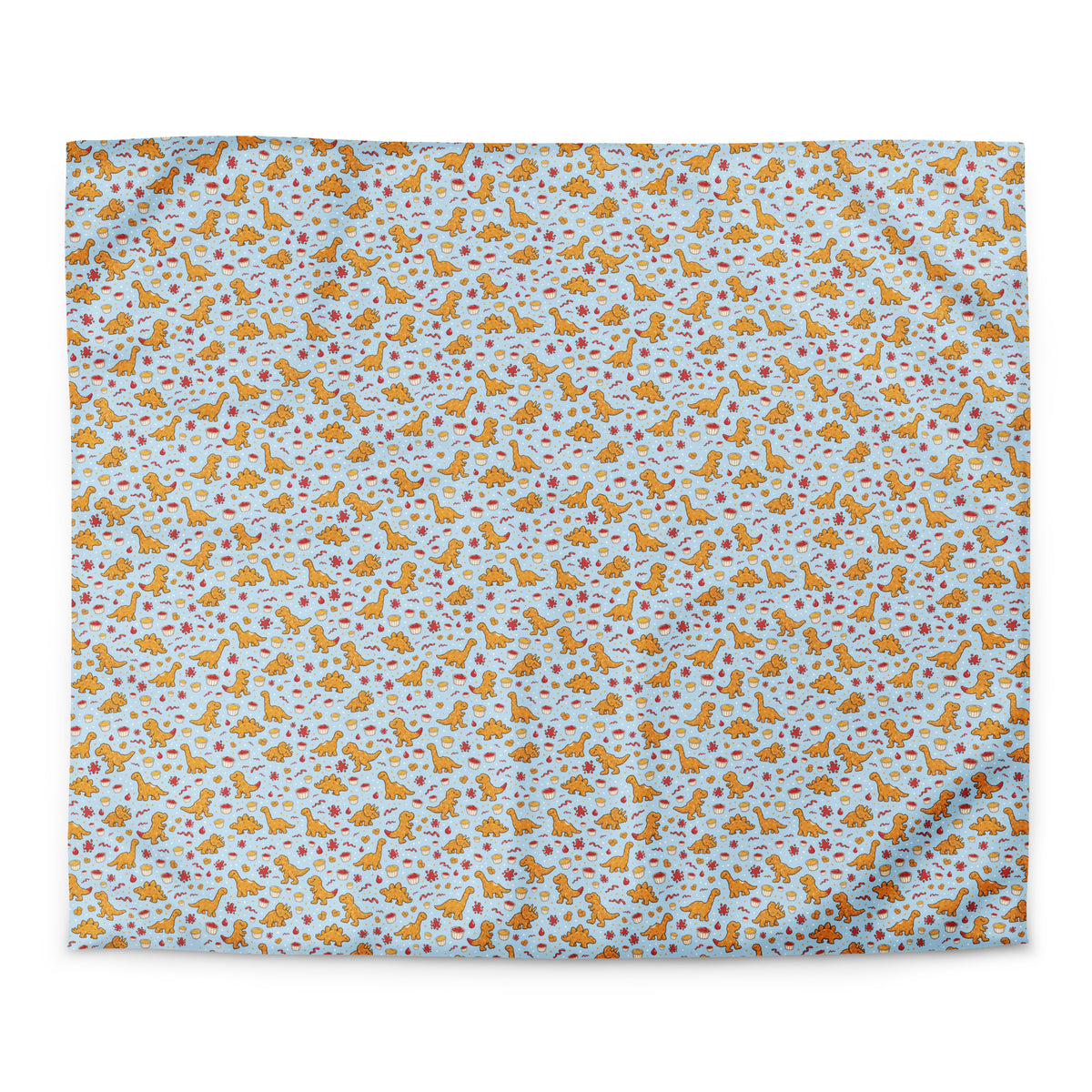 Dino Nuggies dinosaur duvet cover in king size, all-over dino nugget and dipping sauce pattern on light blue