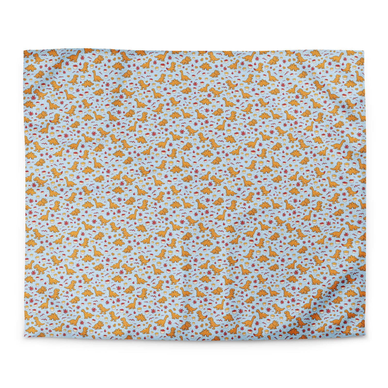 Dino Nuggies dinosaur duvet cover in king size, all-over dino nugget and dipping sauce pattern on light blue