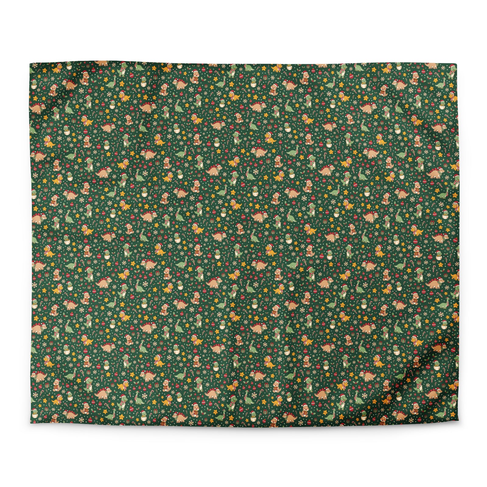 Cozy Christmas Dinos Christmas duvet cover in king size, all-over Santa-hat dinosaur and Christmas gift pattern on evergreen
