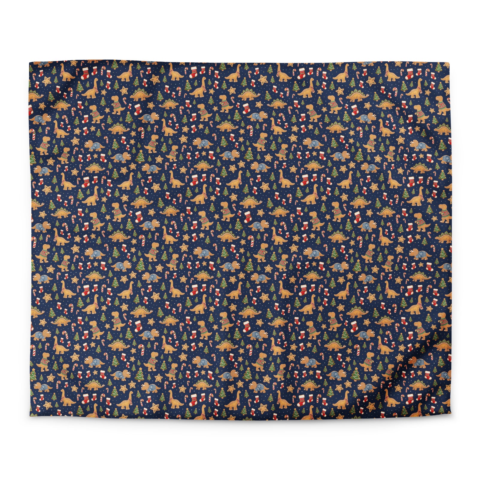 Gingerbread Dinosaurs Christmas duvet cover in king size, all-over gingerbread dinosaur cookie pattern on navy