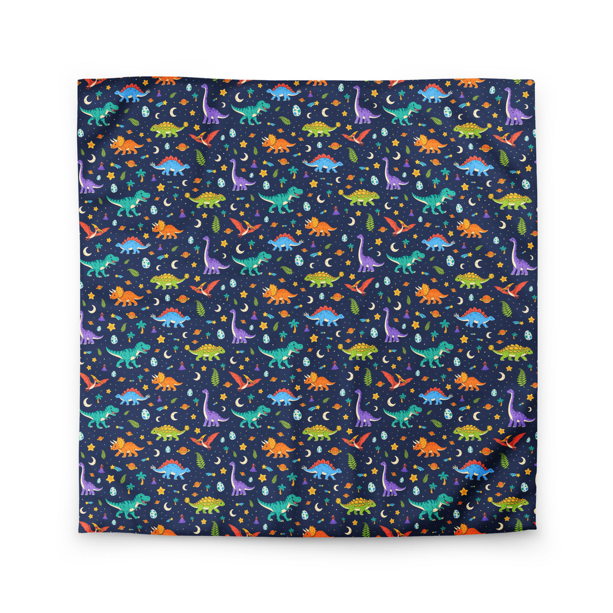 Dino Dreams dinosaur bedding duvet cover in queen size with friendly colorful dinosaurs, shooting stars and crescent moons on navy