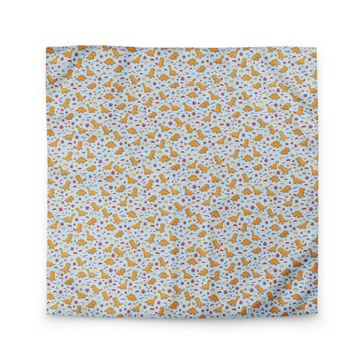 Dino Nuggies dinosaur duvet cover in queen size with T-rex, brontosaurus and stegosaurus nuggets and sauces on sky blue