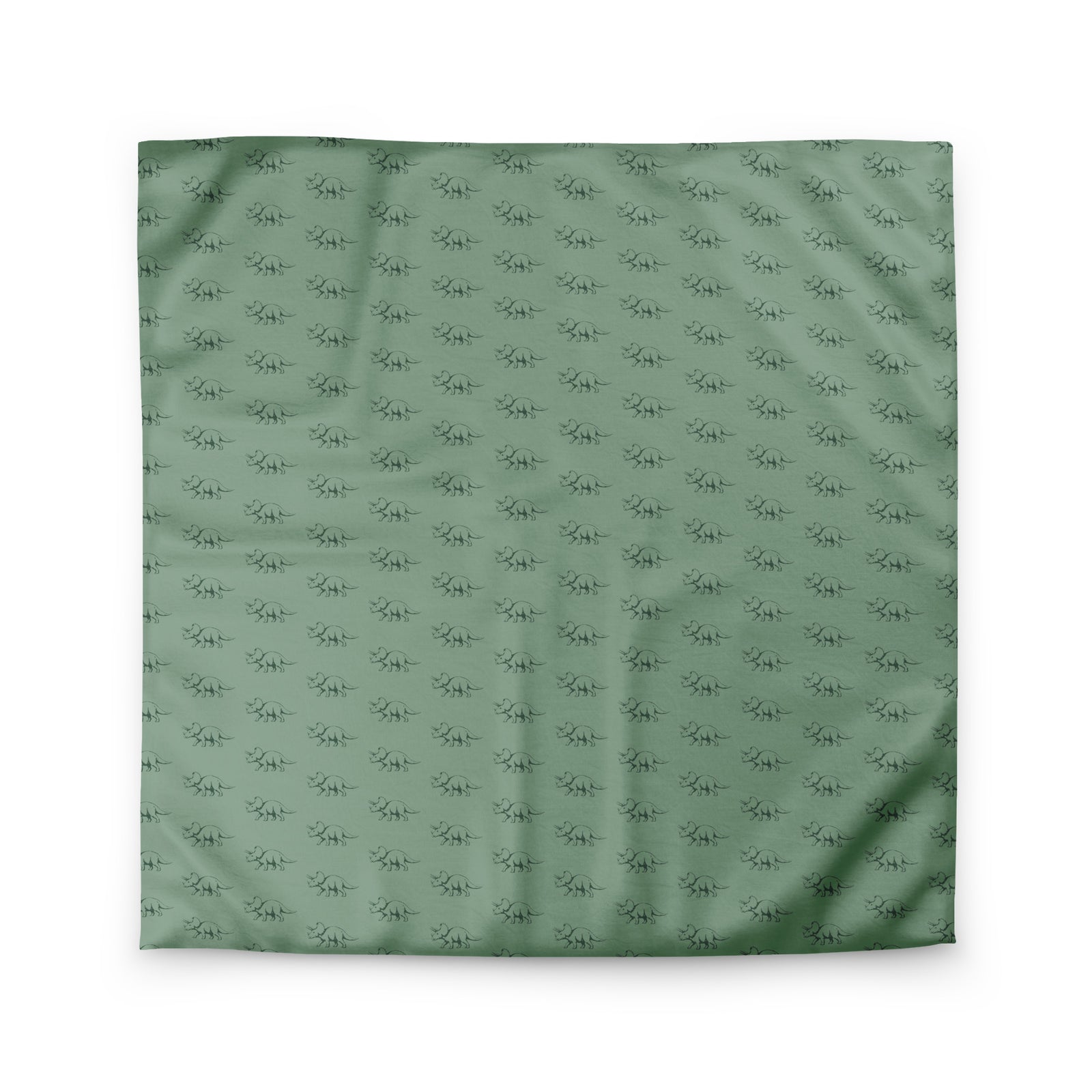 Sage Triceratops neutral dinosaur bedding duvet cover in queen size, evenly spaced green triceratops on sage