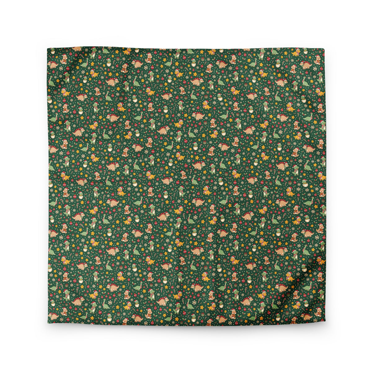 Cozy Christmas Dinos Christmas dinosaur bedding duvet cover in queen size with holiday dinosaurs, ornaments and stars on evergreen