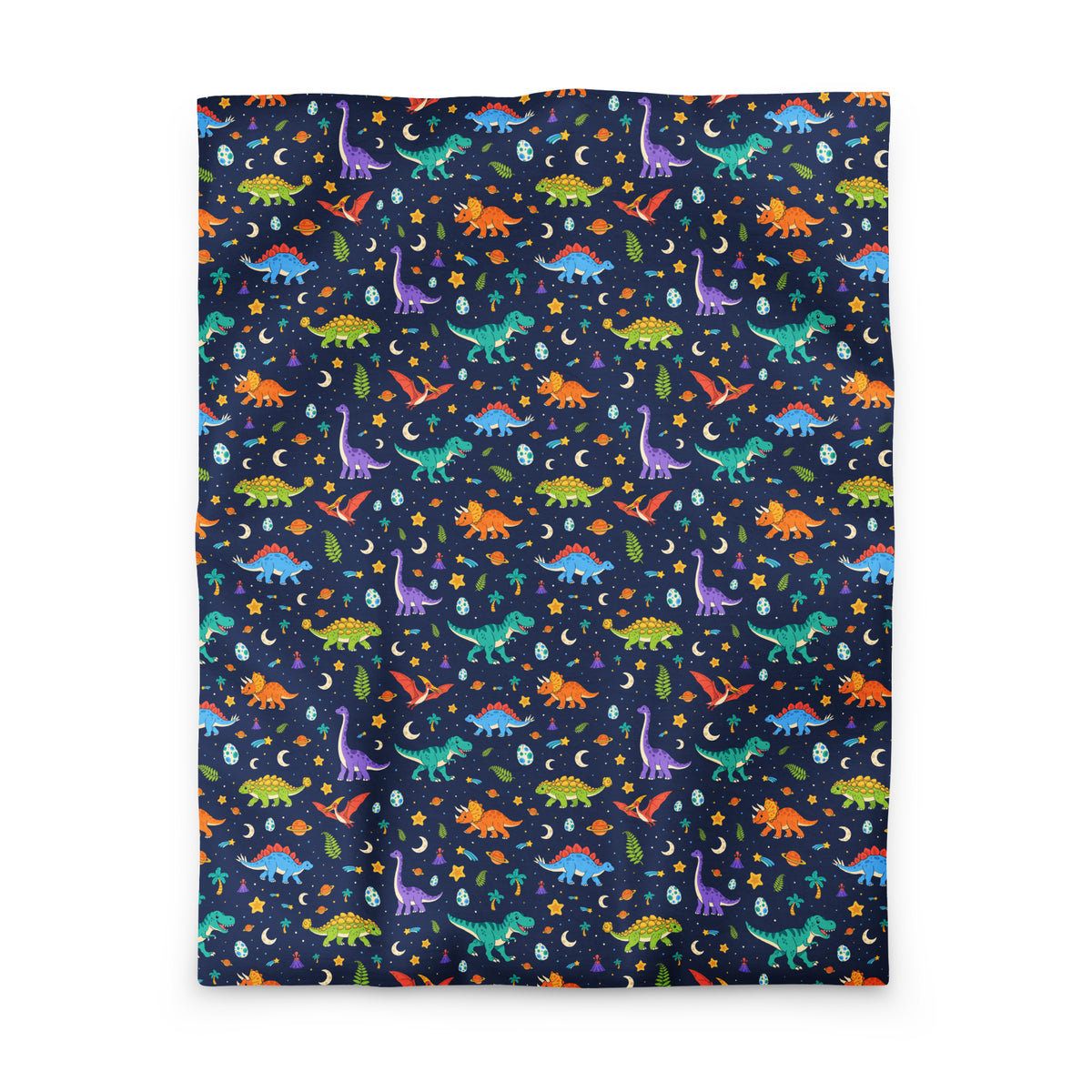 Dino Dreams kids dinosaur duvet cover in twin size, colorful T-rex, triceratops, stegosaurus, brachiosaurus, ankylosaurus and pteranodon with stars, moons and planets on navy