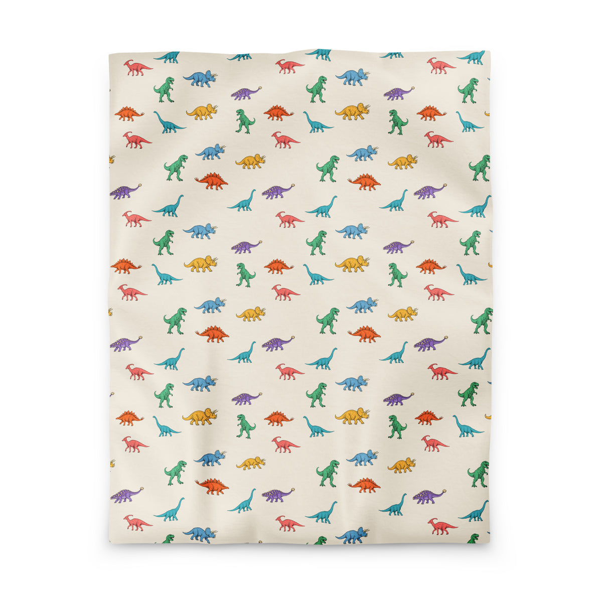 Colorful Dinosaurs kids dinosaur duvet cover in twin size, hand-drawn green T-rex, blue triceratops, orange stegosaurus and teal brachiosaurus on cream