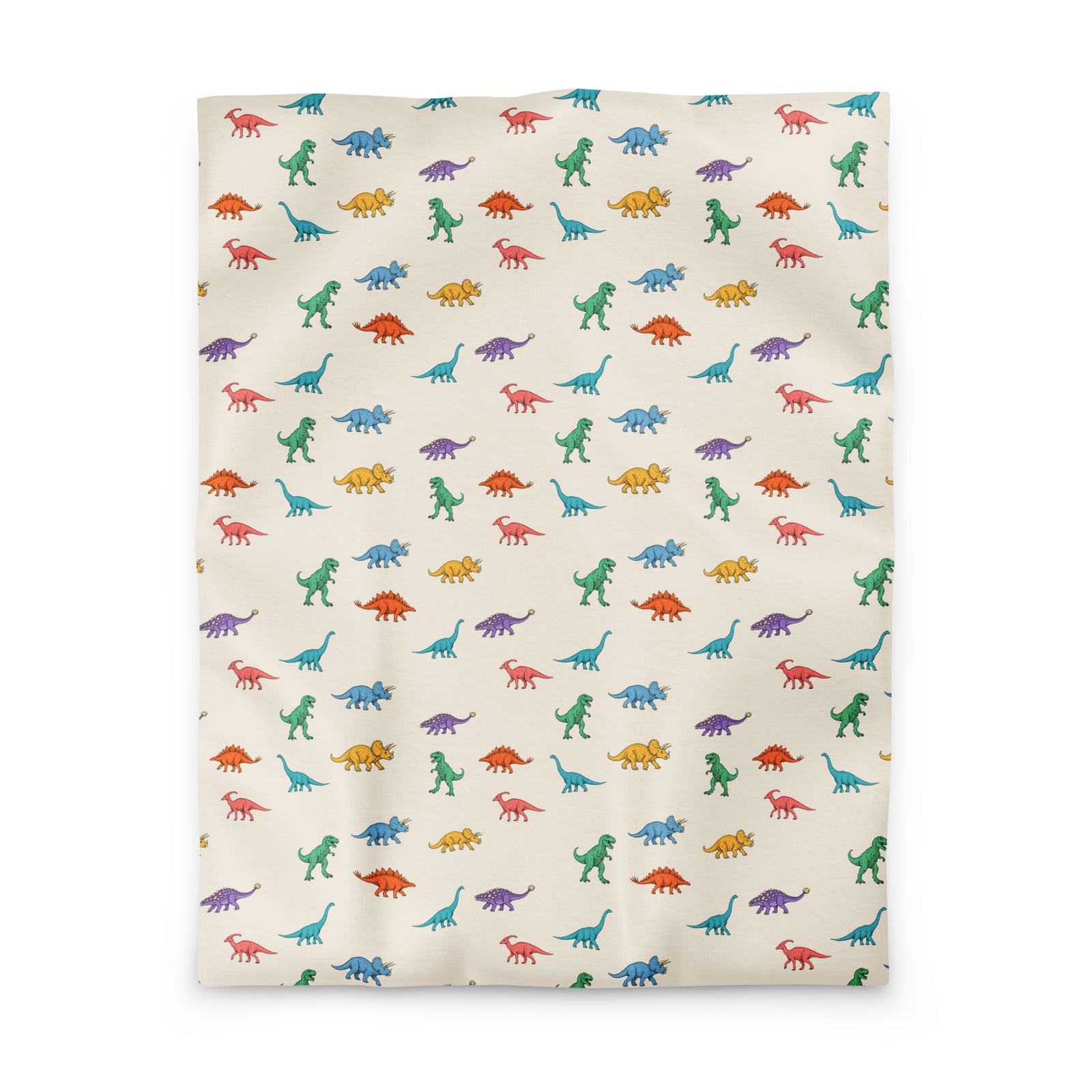 Colorful Dinosaurs kids dinosaur duvet cover in twin size, hand-drawn green T-rex, blue triceratops, orange stegosaurus and teal brachiosaurus on cream