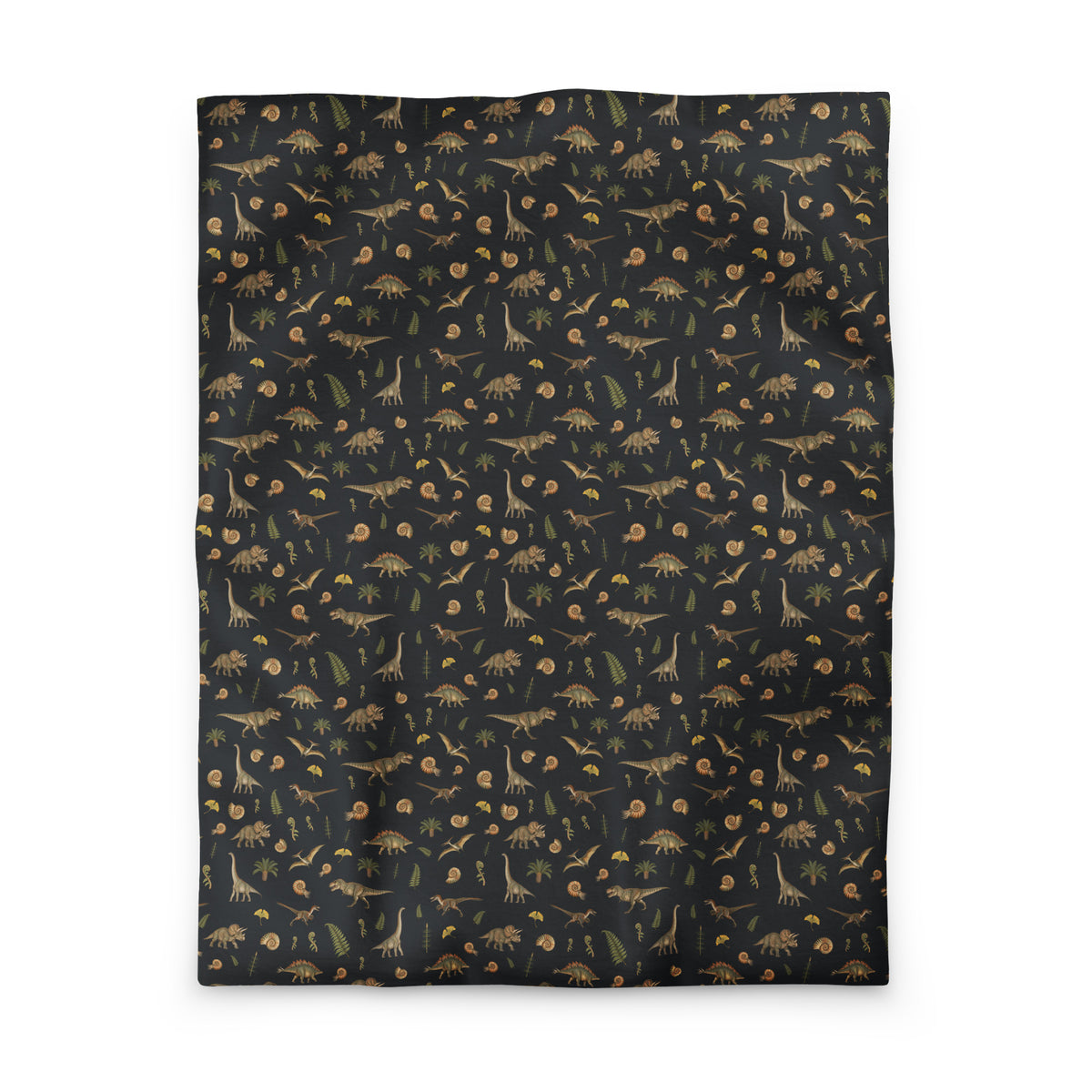 Museum Dinosaurs dinosaur duvet cover in twin size, realistic T-rex, triceratops and brachiosaurus with ammonite fossils and ferns on charcoal