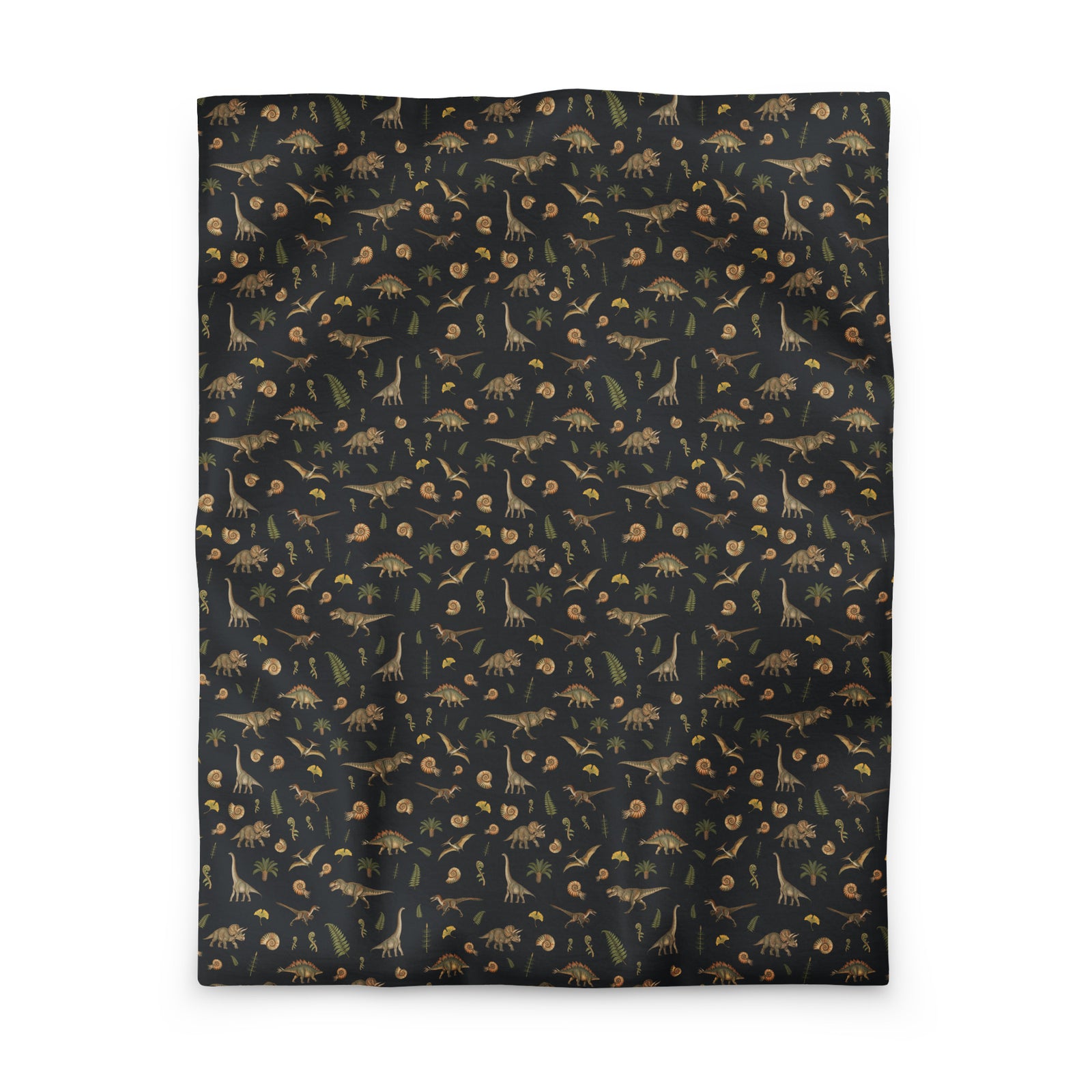 Museum Dinosaurs dinosaur duvet cover in twin size, realistic T-rex, triceratops and brachiosaurus with ammonite fossils and ferns on charcoal