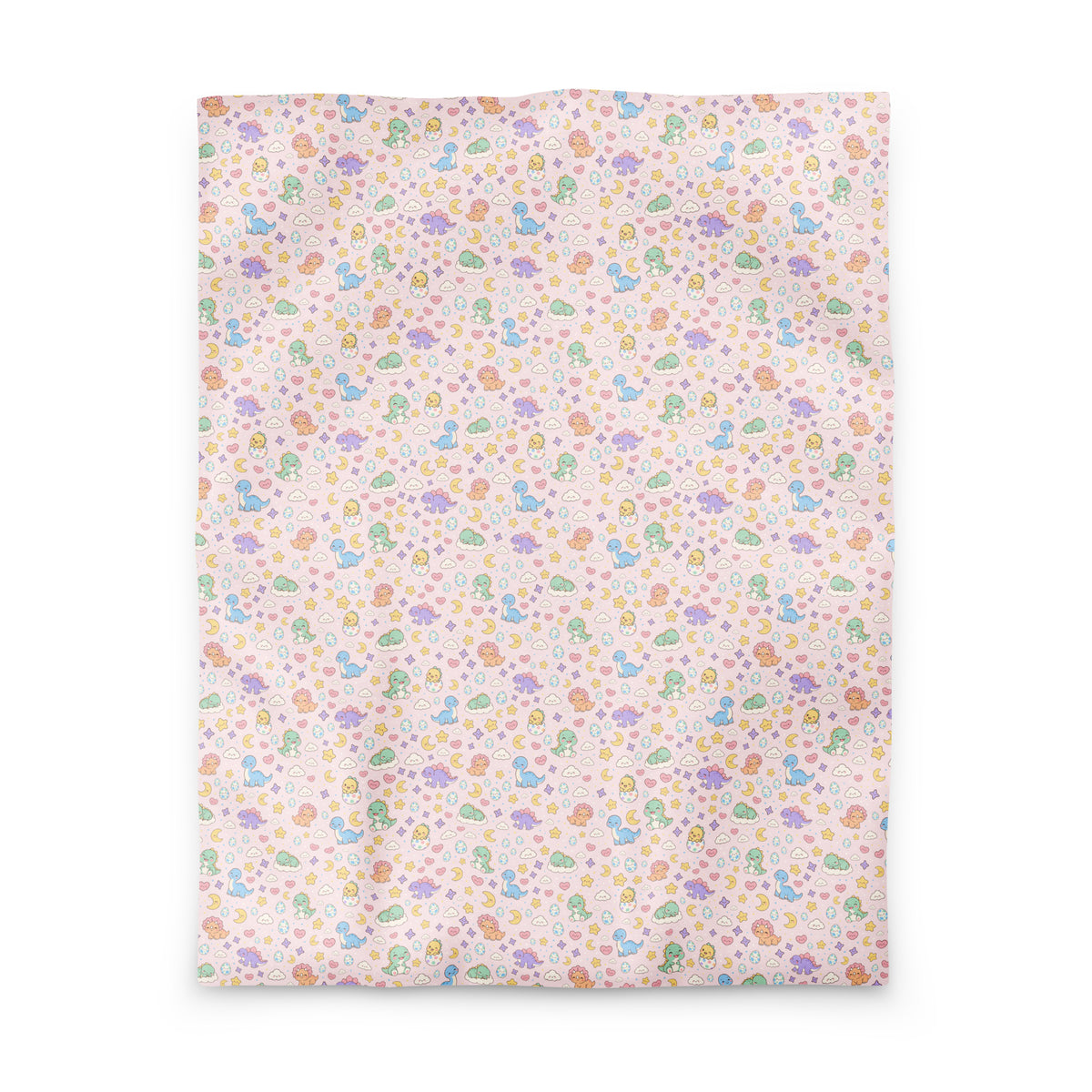 Pastel Dinos pink dinosaur duvet cover in twin size, cute pastel baby dinosaurs, dino eggs, hearts and stars on blush pink
