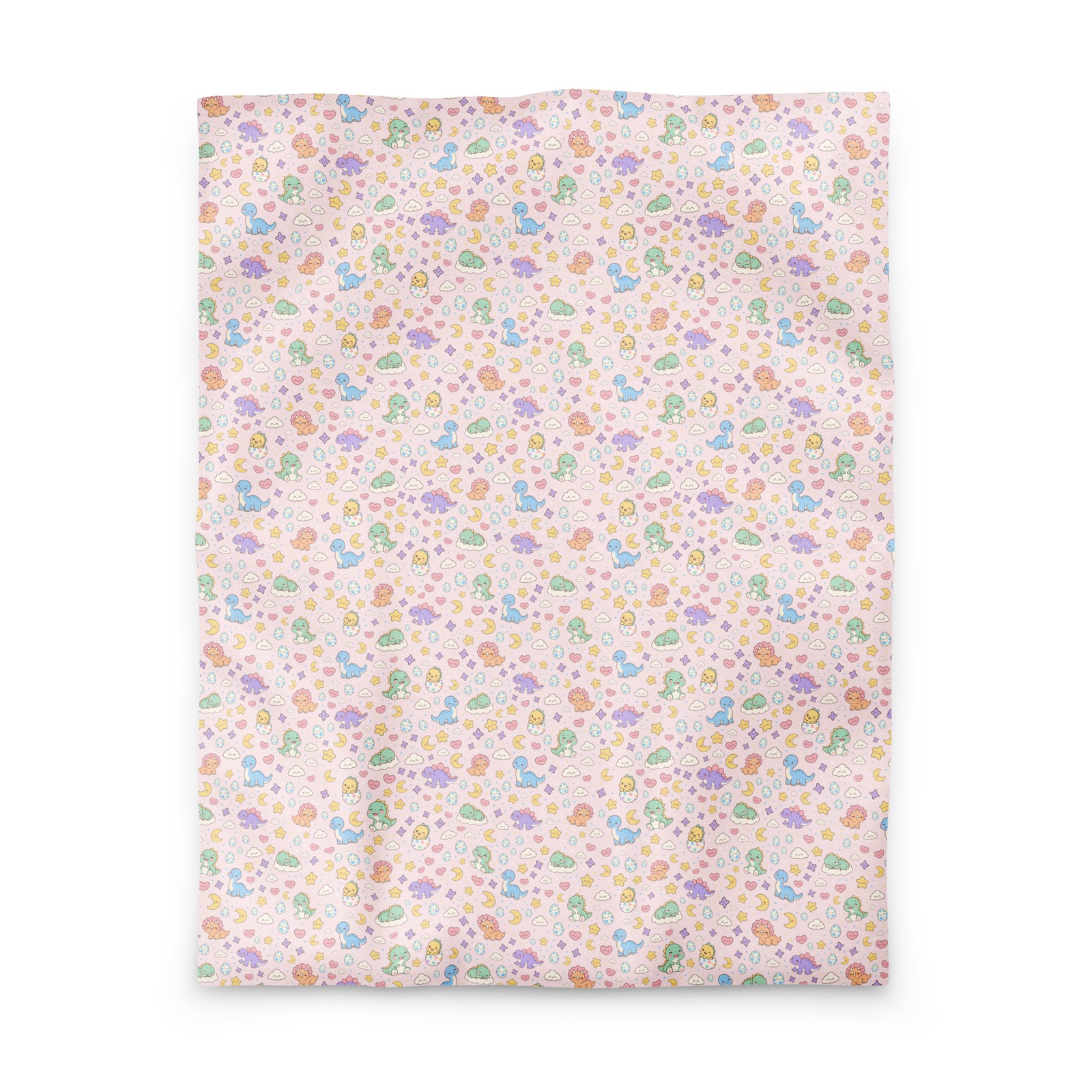 Pastel Dinos pink dinosaur duvet cover in twin size, cute pastel baby dinosaurs, dino eggs, hearts and stars on blush pink
