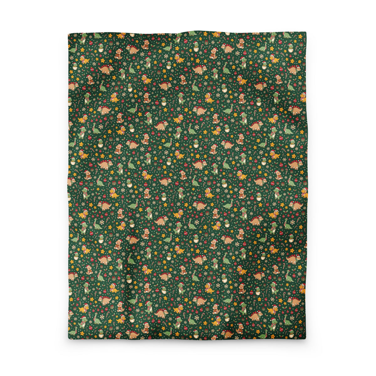 Cozy Christmas Dinos Christmas dinosaur duvet cover in twin size, Santa-hat T-rex, stegosaurus and triceratops with gifts and holly on evergreen