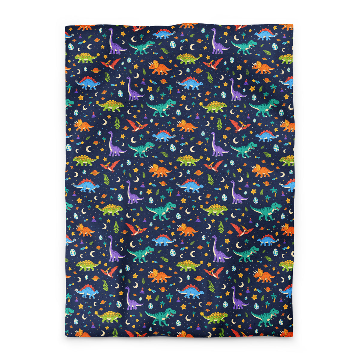 Dino Dreams dinosaur duvet cover, Twin XL, colorful cartoon dinosaurs under a starry night sky on a navy background