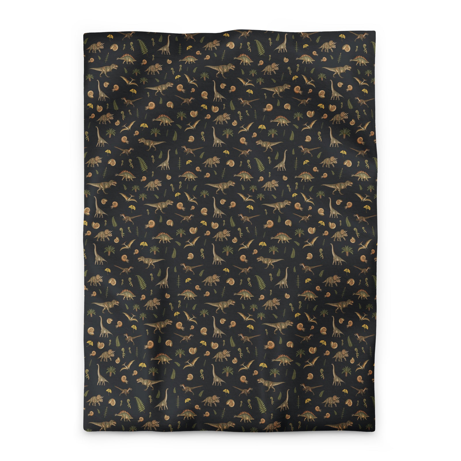 Museum Dinosaurs dinosaur duvet cover in twin size, realistic T-rex, triceratops and brachiosaurus with ammonite fossils and ferns on charcoal