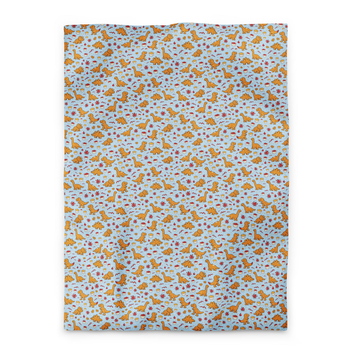 Dino Nuggies dinosaur duvet cover, Twin XL, golden dino nugget pattern on a light blue background