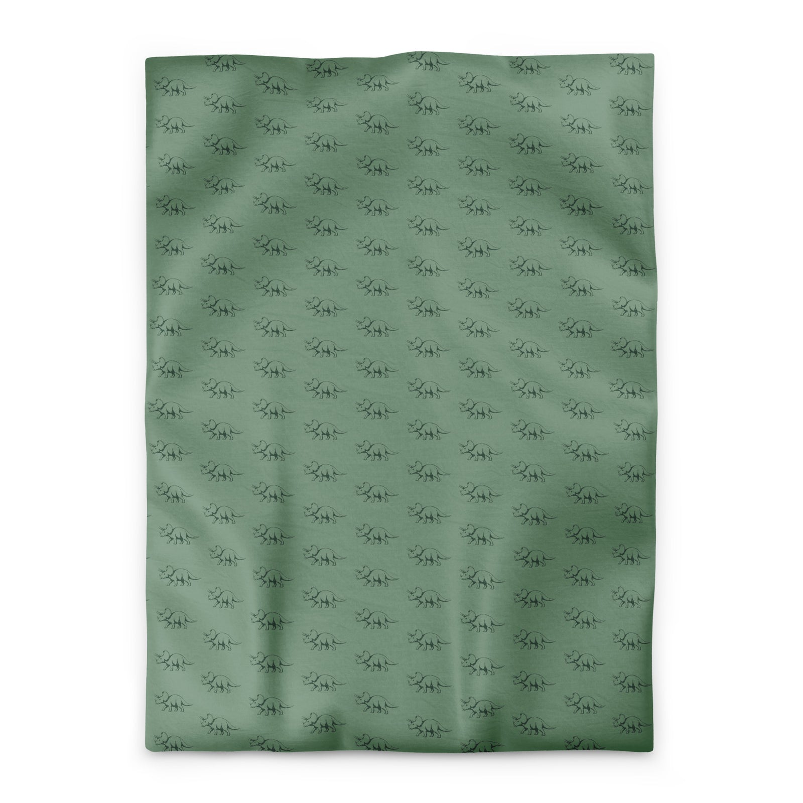 Sage Triceratops neutral dinosaur duvet cover in twin size, minimal repeat of fine-line forest green triceratops on sage green