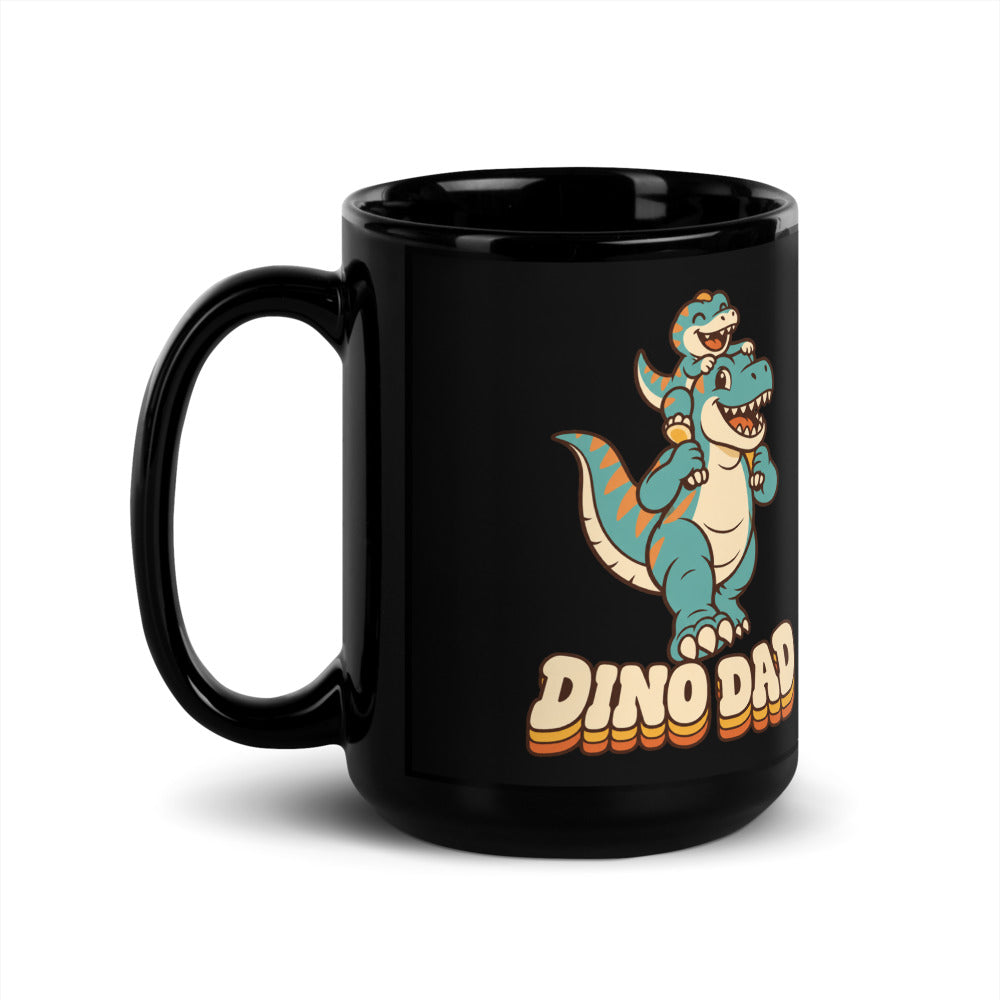 Piggyback Dino Dad black dinosaur mug with T-Rex dad and baby dino - 15 oz - handle on left