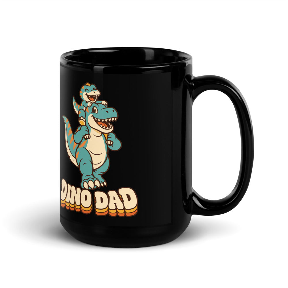 Piggyback Dino Dad black dinosaur mug with T-Rex dad and baby dino - 15 oz - handle on right