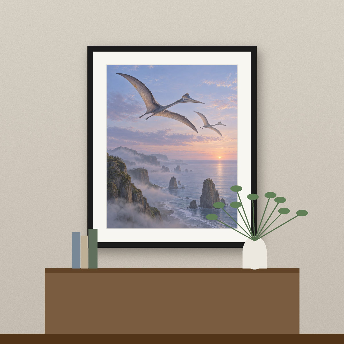 Pterosaurs over a misty coast prehistoric wall art printable (framed preview)