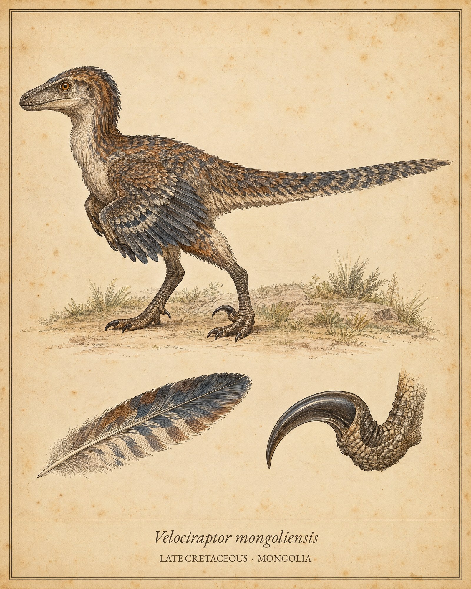 Vintage natural history Velociraptor plate dinosaur printable