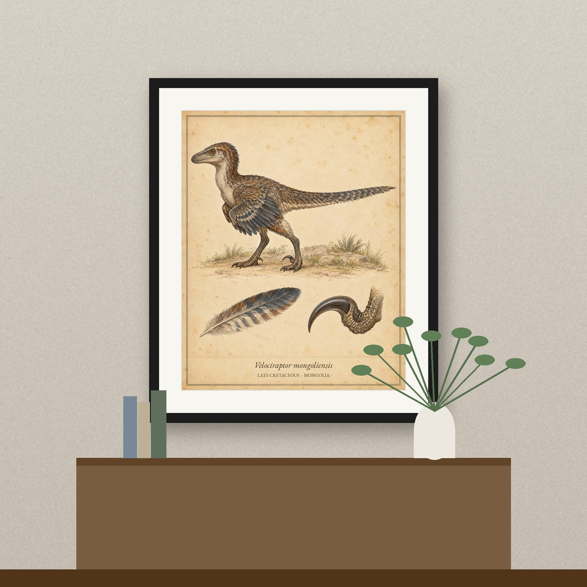 Vintage natural history Velociraptor plate dinosaur printable (framed preview)