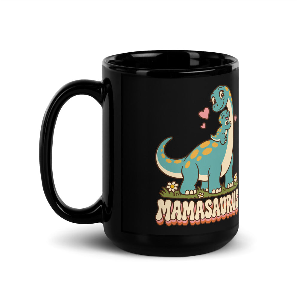 Retro Mamasaurus black dinosaur mug with mama dinosaur hugging baby - 15 oz - handle on left