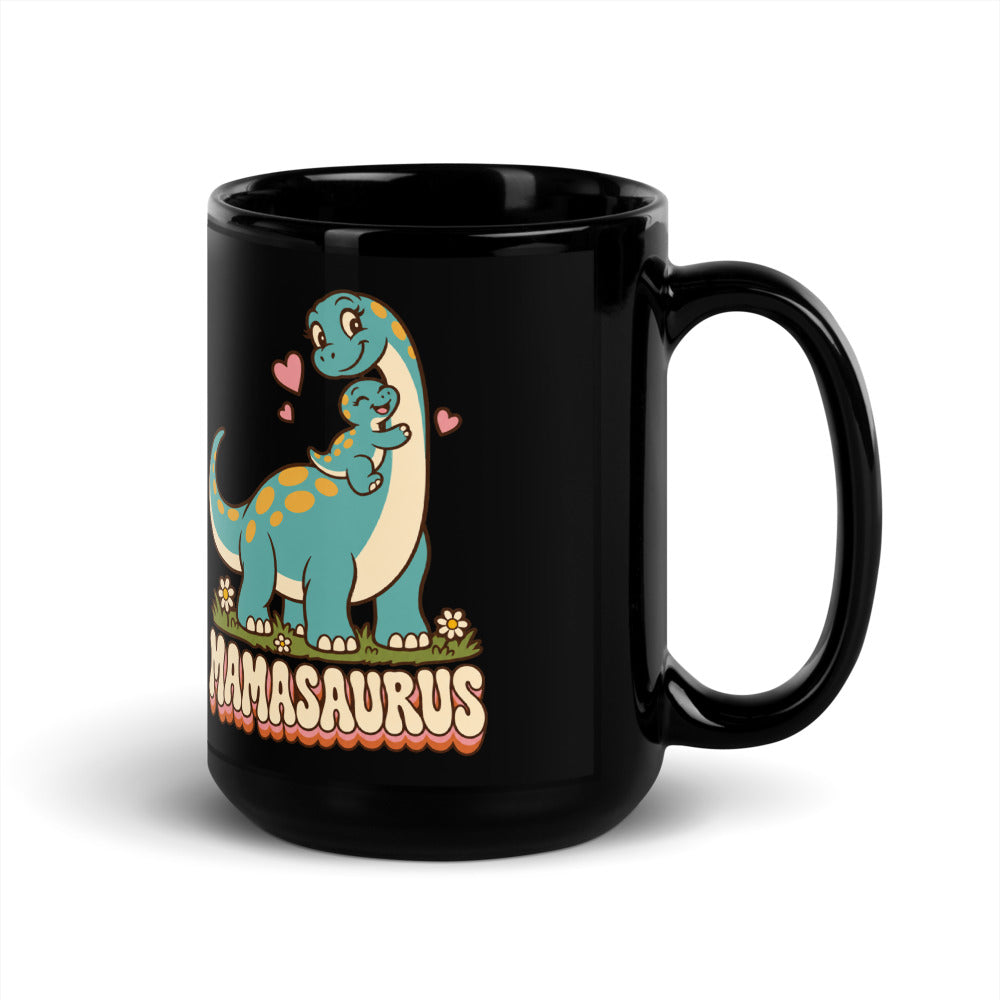 Retro Mamasaurus black dinosaur mug with mama dinosaur hugging baby - 15 oz - handle on right