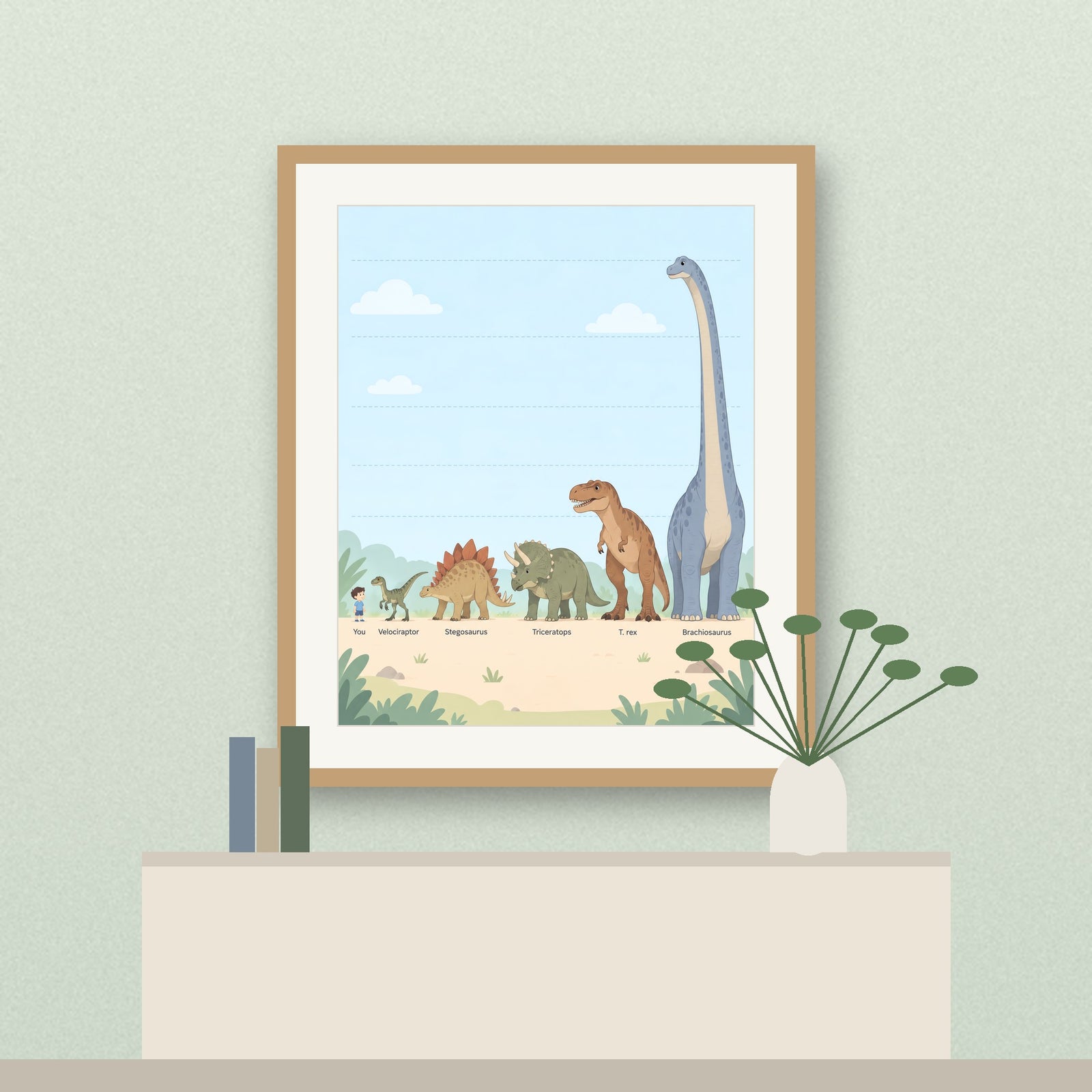 Dinosaur size chart kids poster printable (framed preview)