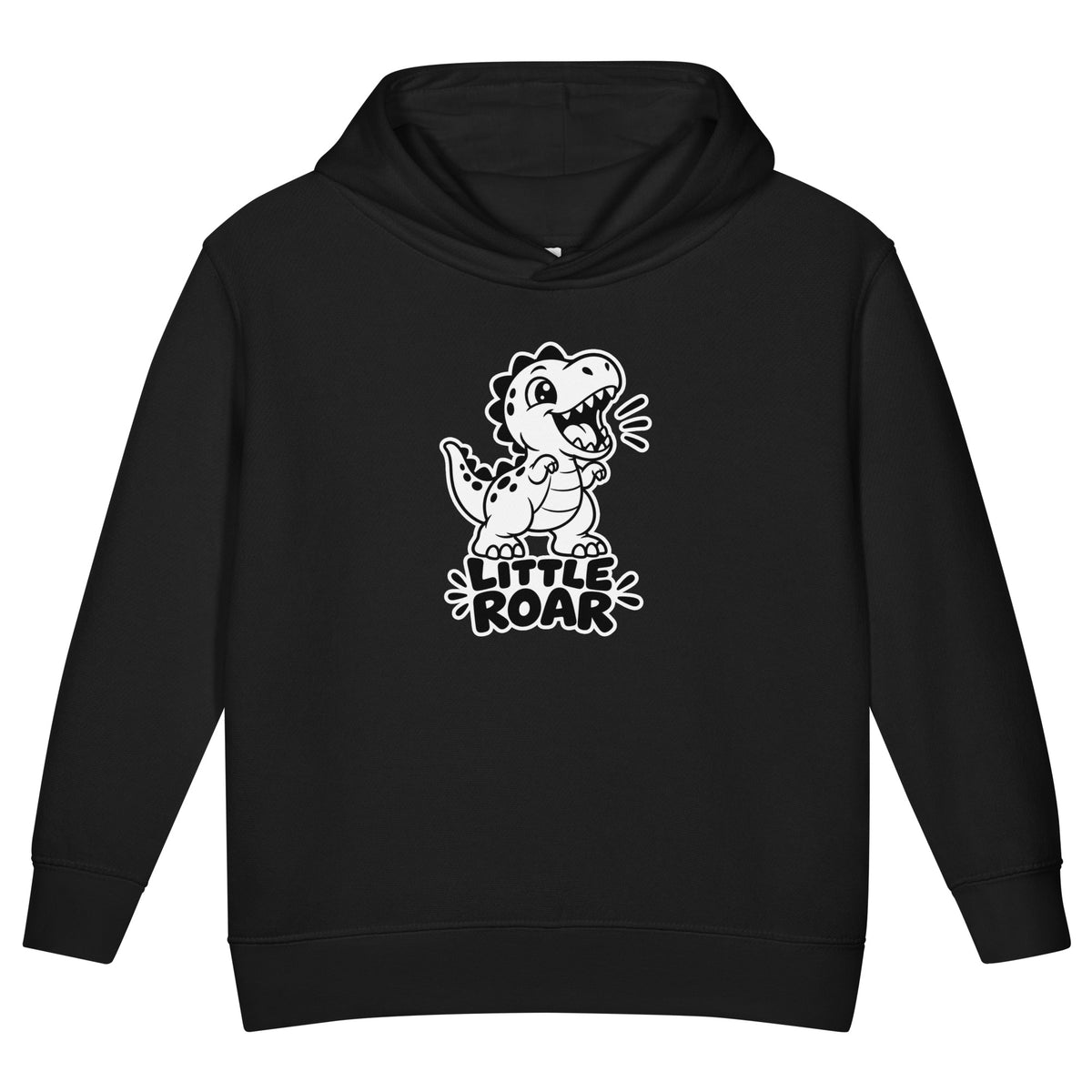 Little Roar toddler dinosaur hoodie in Black, black and white roaring baby T-rex above LITTLE ROAR text, front view