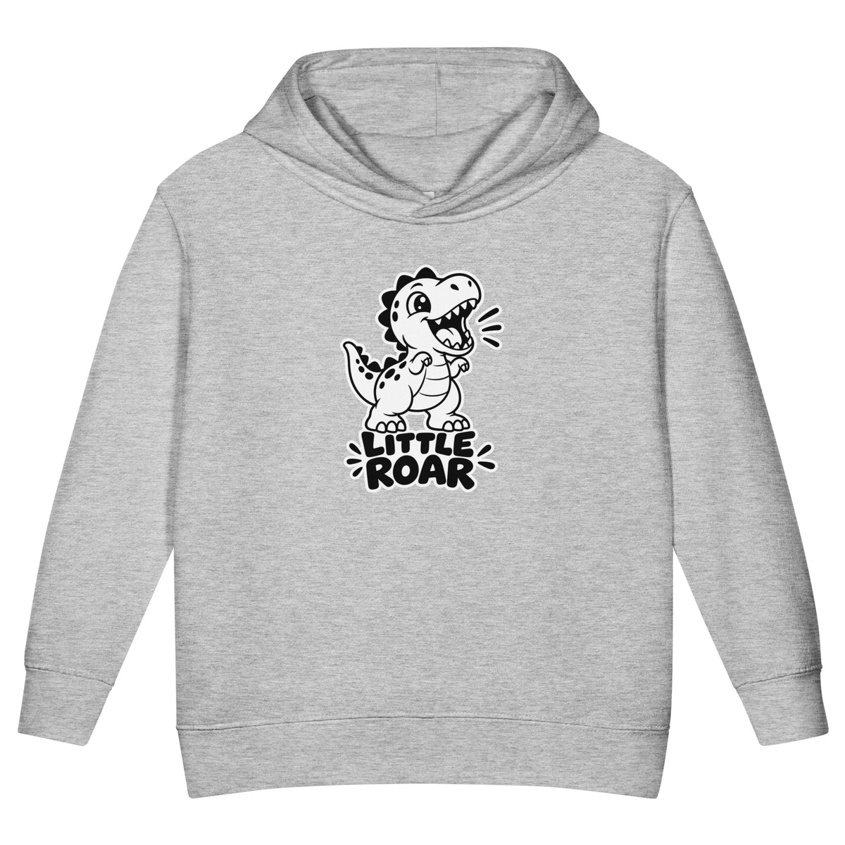 Little Roar toddler dinosaur hoodie in Heather, black and white roaring baby T-rex above LITTLE ROAR text, front view