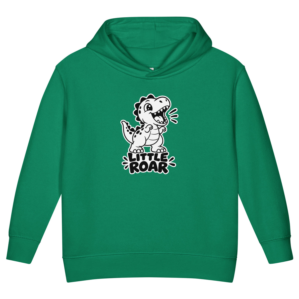 Little Roar toddler dinosaur hoodie in Kelly, black and white roaring baby T-rex above LITTLE ROAR text, front view