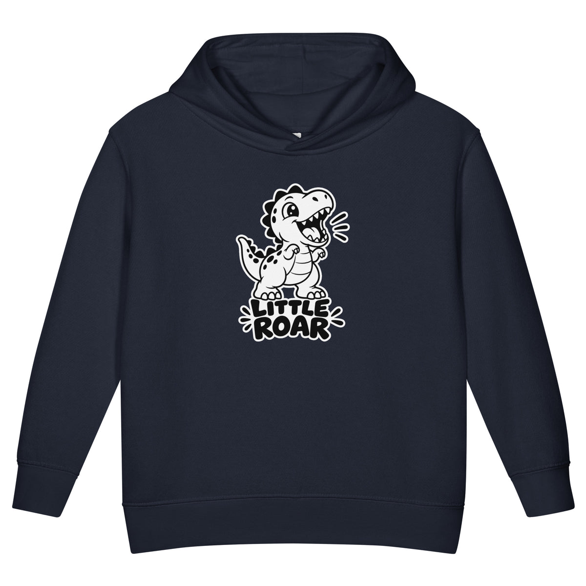 Little Roar toddler dinosaur hoodie in Navy, black and white roaring baby T-rex above LITTLE ROAR text, front view