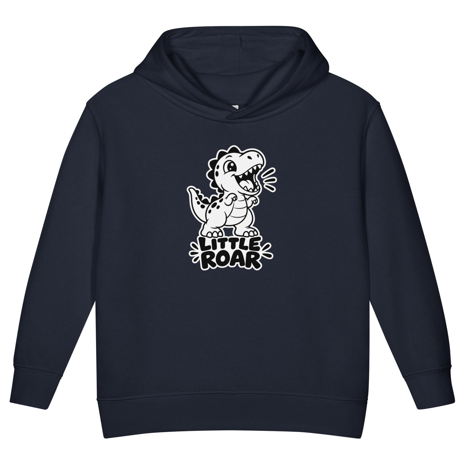 Little Roar toddler dinosaur hoodie in Navy, black and white roaring baby T-rex above LITTLE ROAR text, front view