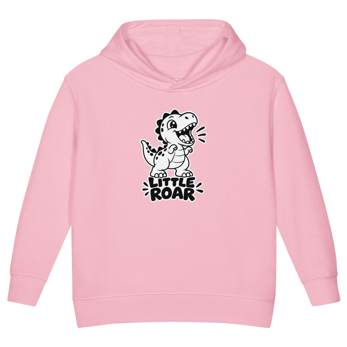 Little Roar toddler dinosaur hoodie in Pink, black and white roaring baby T-rex above LITTLE ROAR text, front view