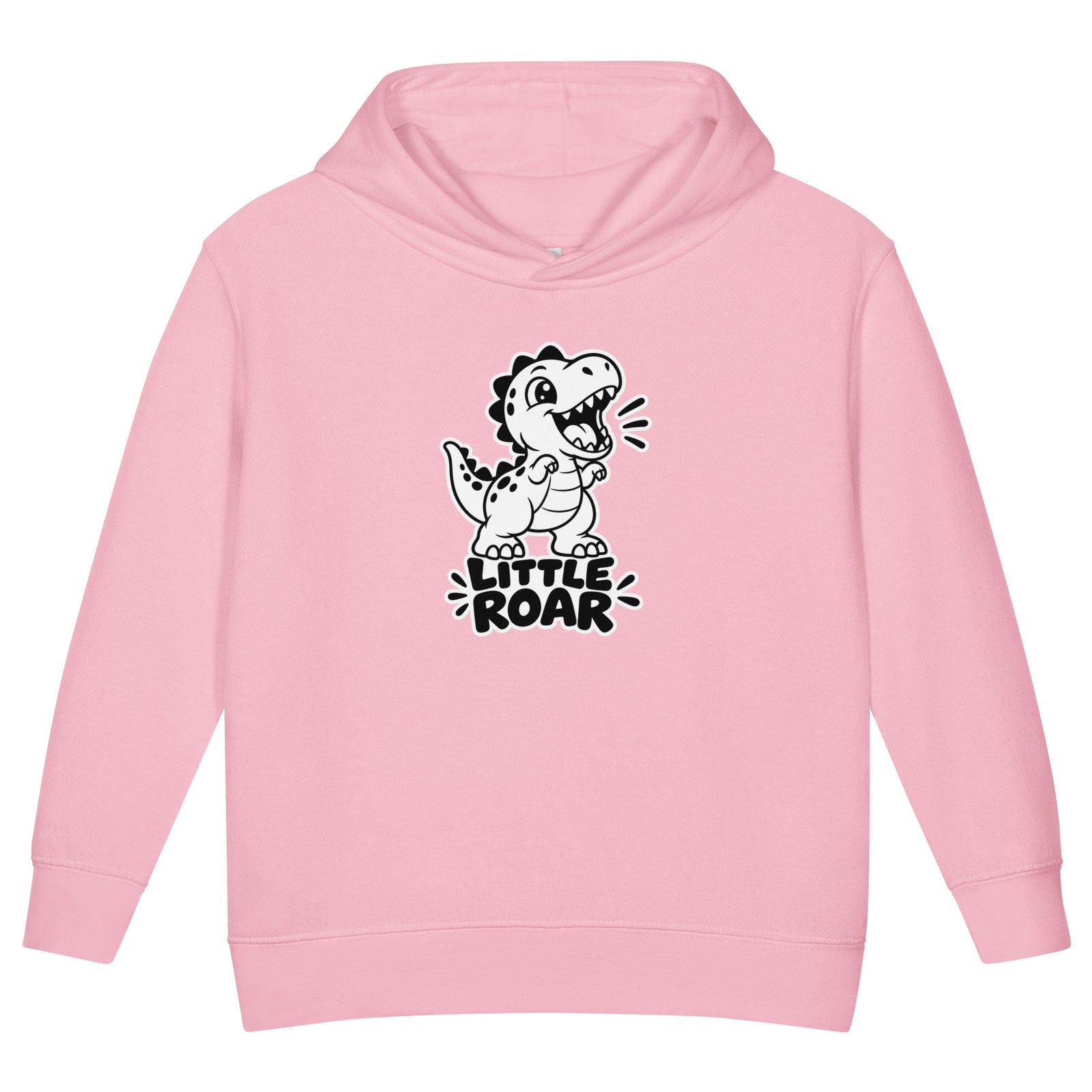 Little Roar toddler dinosaur hoodie in Pink, black and white roaring baby T-rex above LITTLE ROAR text, front view