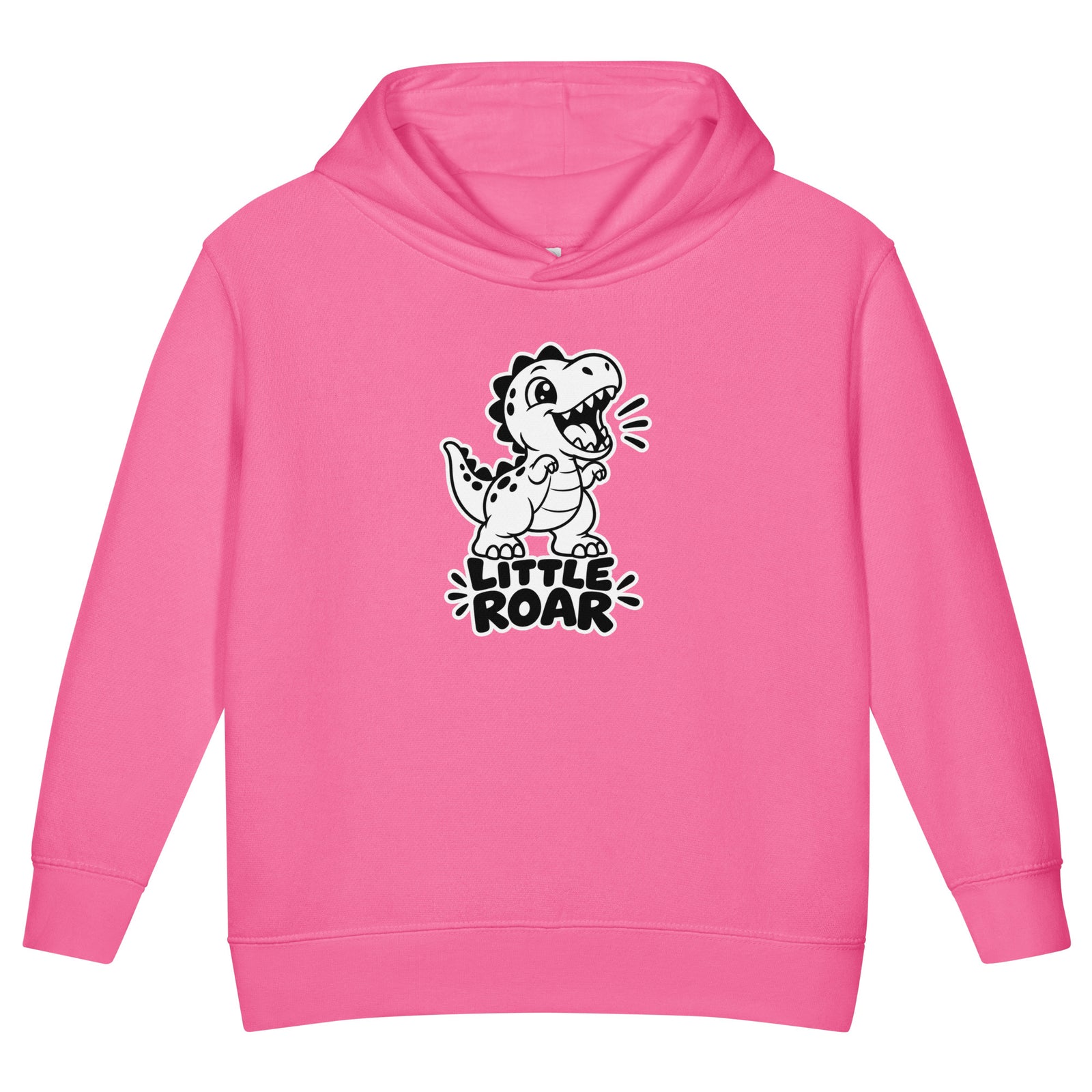 Little Roar toddler dinosaur hoodie in Raspberry, black and white roaring baby T-rex above LITTLE ROAR text, front view