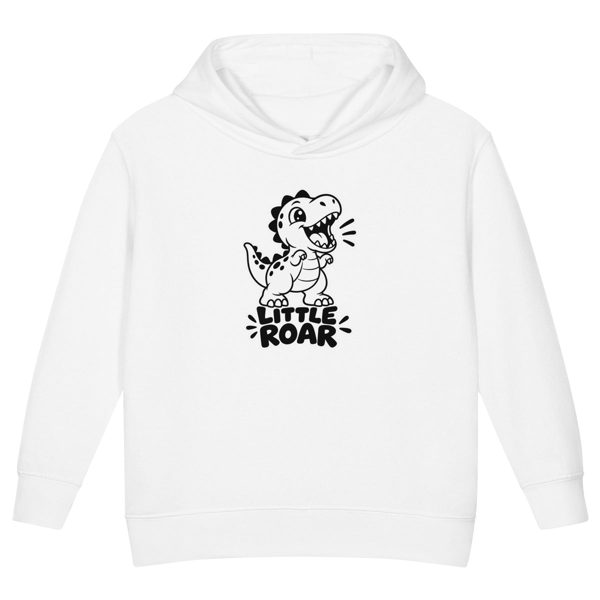 Little Roar toddler dinosaur hoodie in White, black and white roaring baby T-rex above LITTLE ROAR text, front view