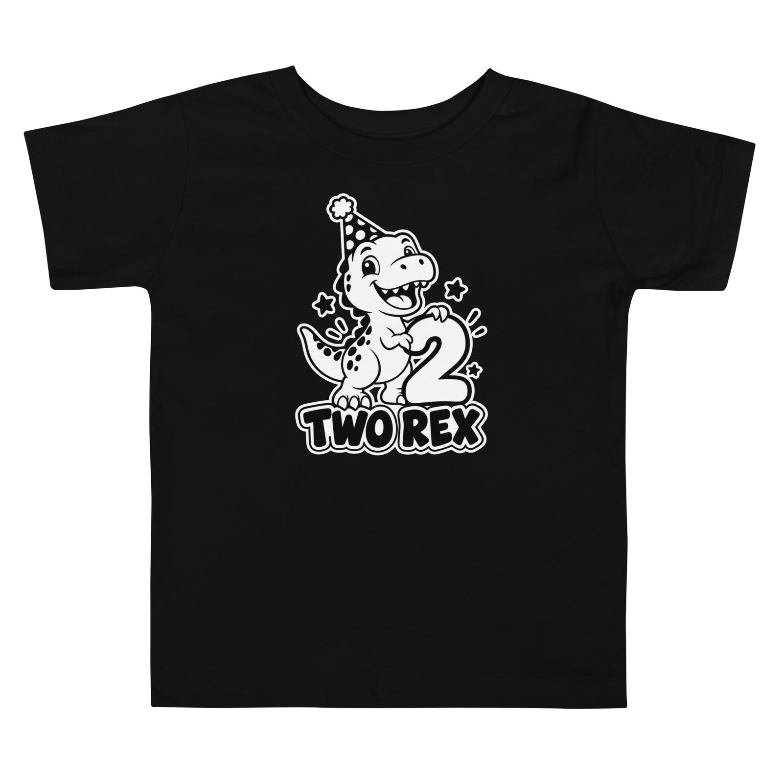 Two Rex toddler dinosaur birthday t-shirt in Black, black and white T-rex in a party hat holding a big number 2 above TWO REX text, front view