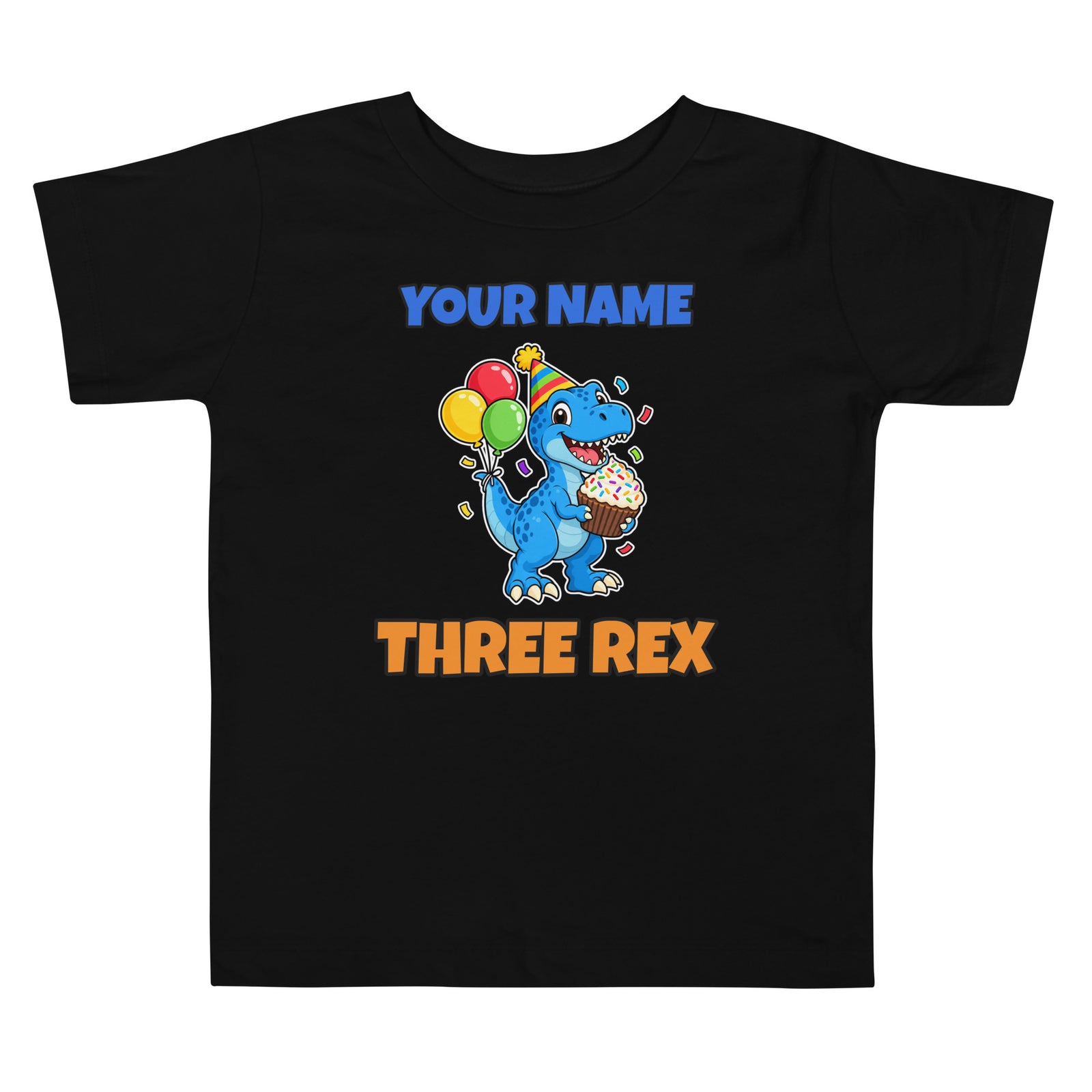 Birthday Rex personalized dinosaur t-shirt in , Printful preview with placeholder text YOUR NAME where the child's name prints, front view