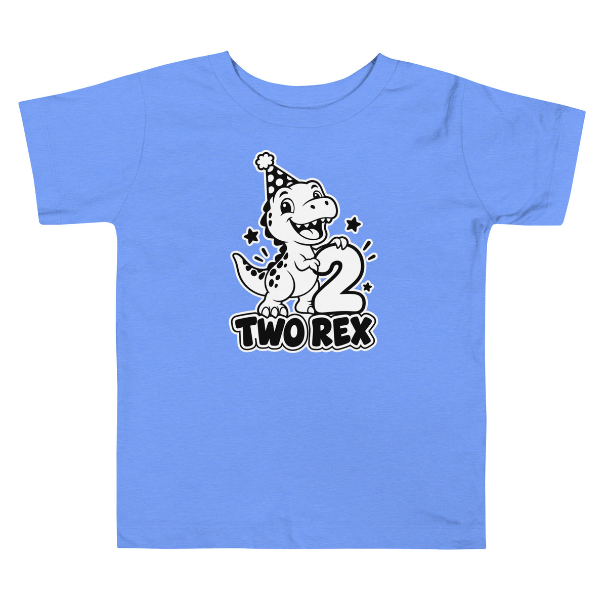 Two Rex toddler dinosaur birthday t-shirt in Heather Columbia Blue, black and white T-rex in a party hat holding a big number 2 above TWO REX text, front view