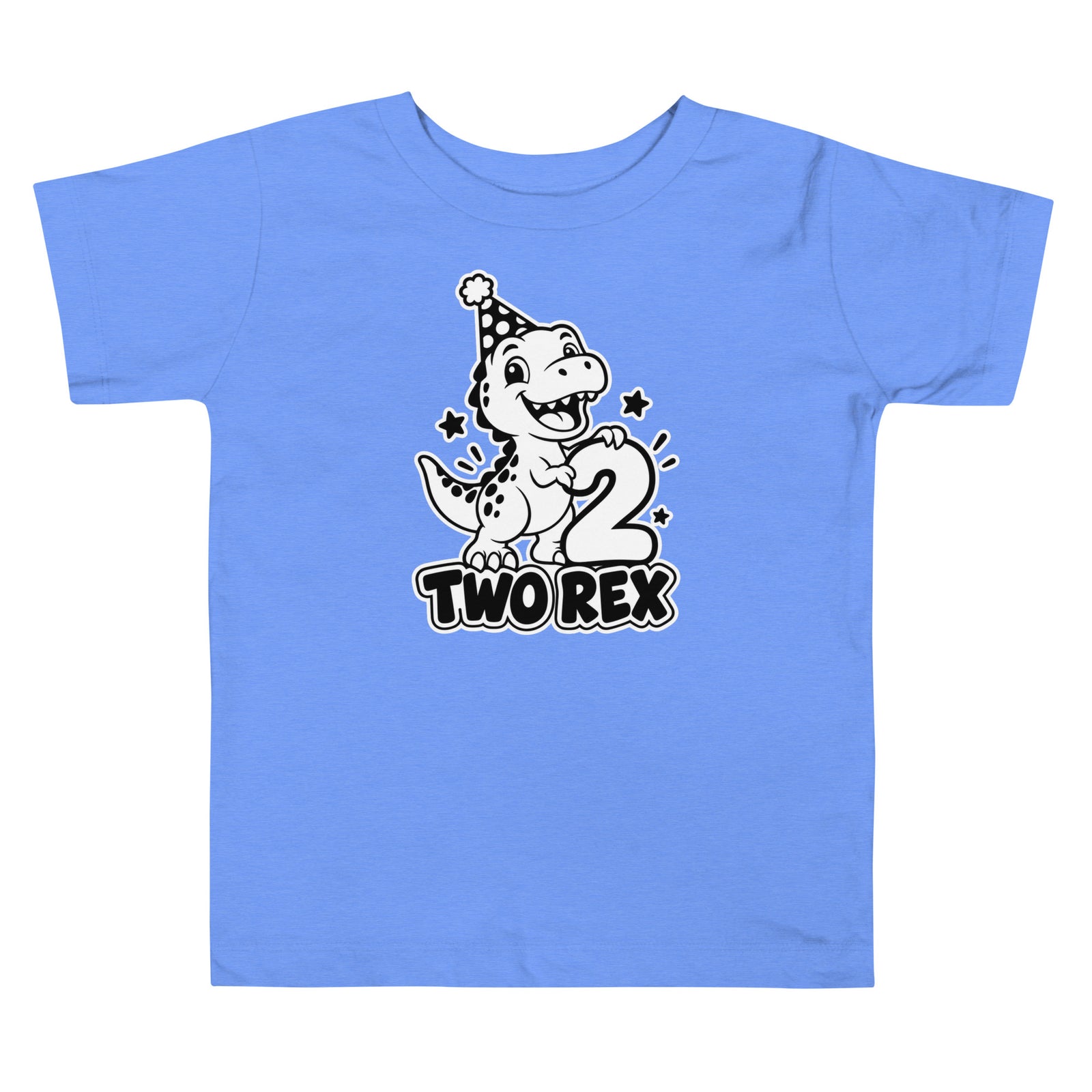 Two Rex toddler dinosaur birthday t-shirt in Heather Columbia Blue, black and white T-rex in a party hat holding a big number 2 above TWO REX text, front view