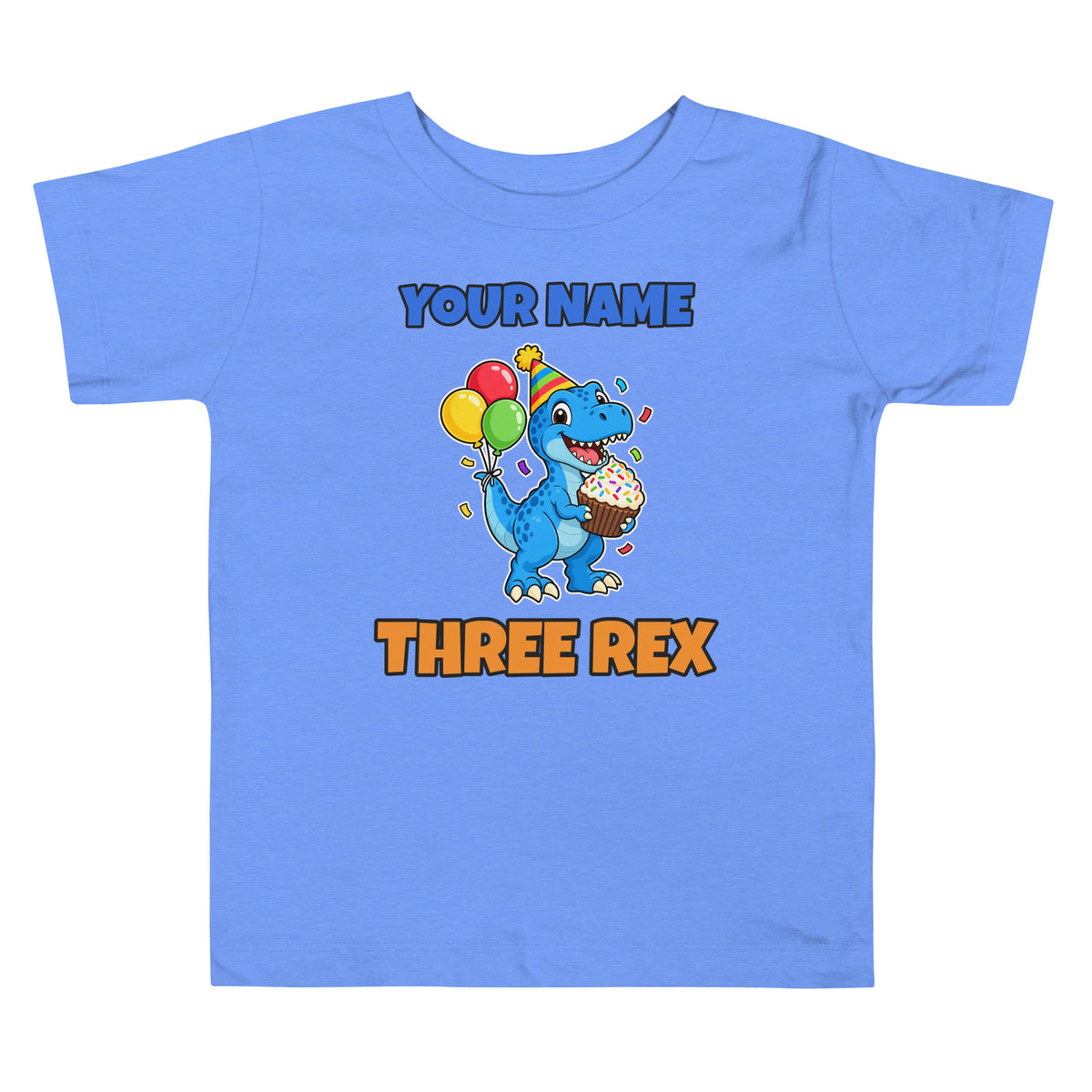 Birthday Rex personalized dinosaur t-shirt in , Printful preview with placeholder text YOUR NAME where the child's name prints, front view