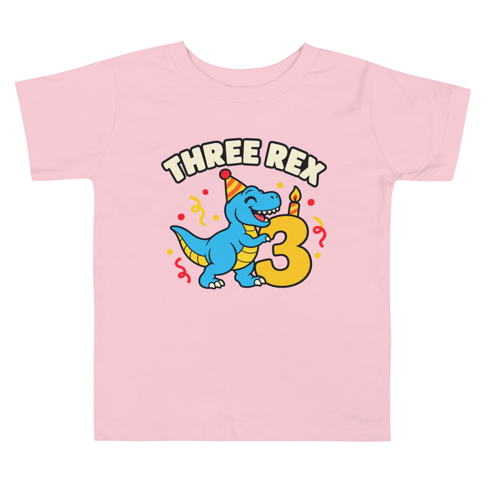 Toddler Pink T-Shirt with Three Rex birthday design, front view