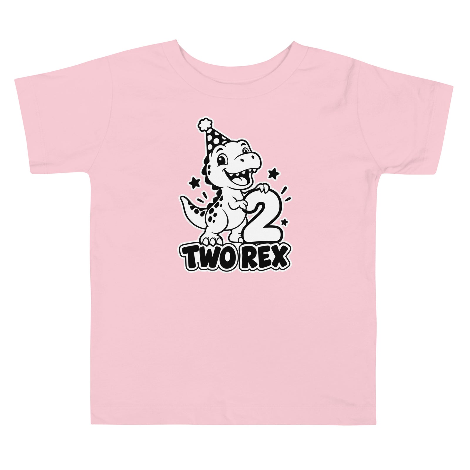 Two Rex toddler dinosaur birthday t-shirt in Pink, black and white T-rex in a party hat holding a big number 2 above TWO REX text, front view