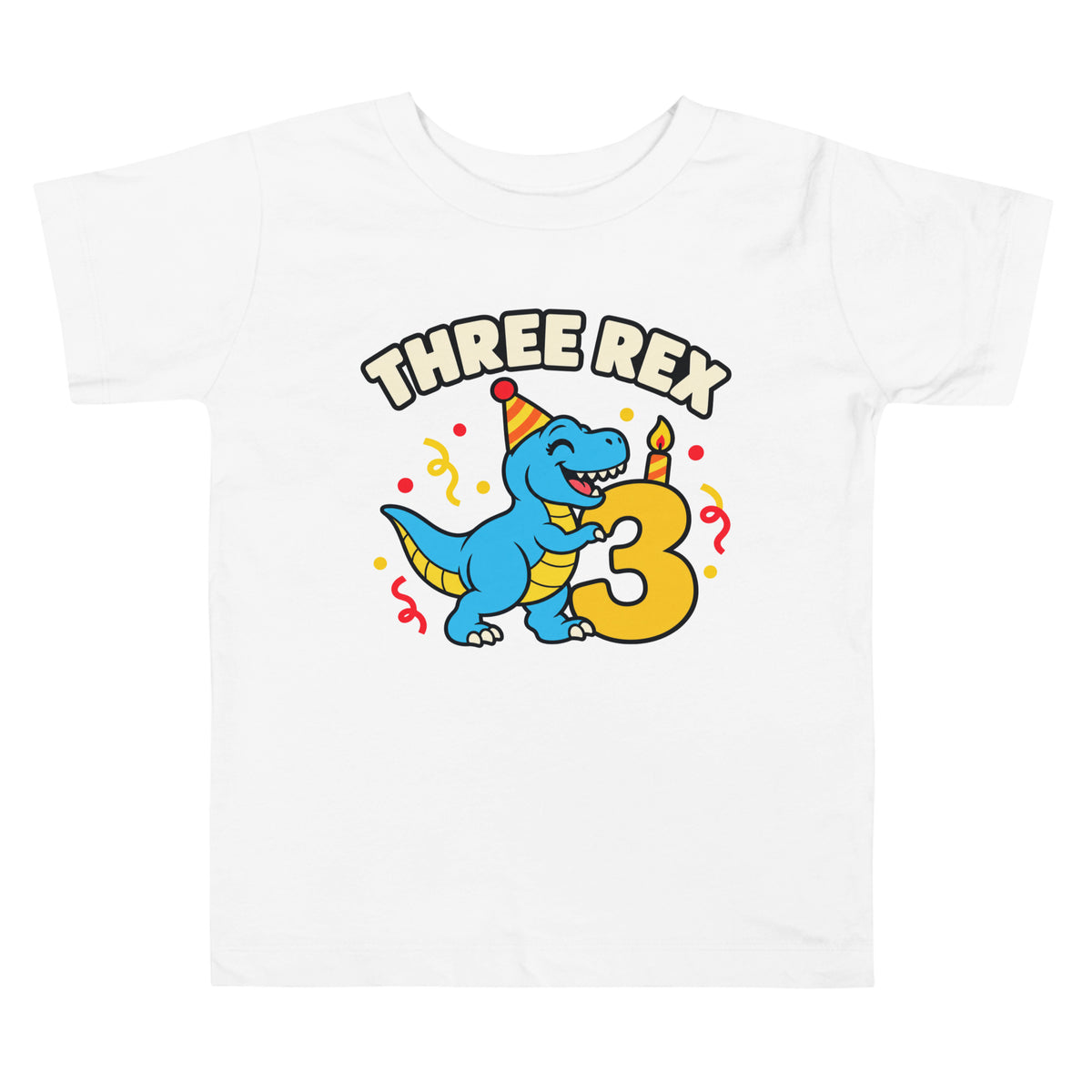 Toddler White T-Shirt with Three Rex birthday design, front view