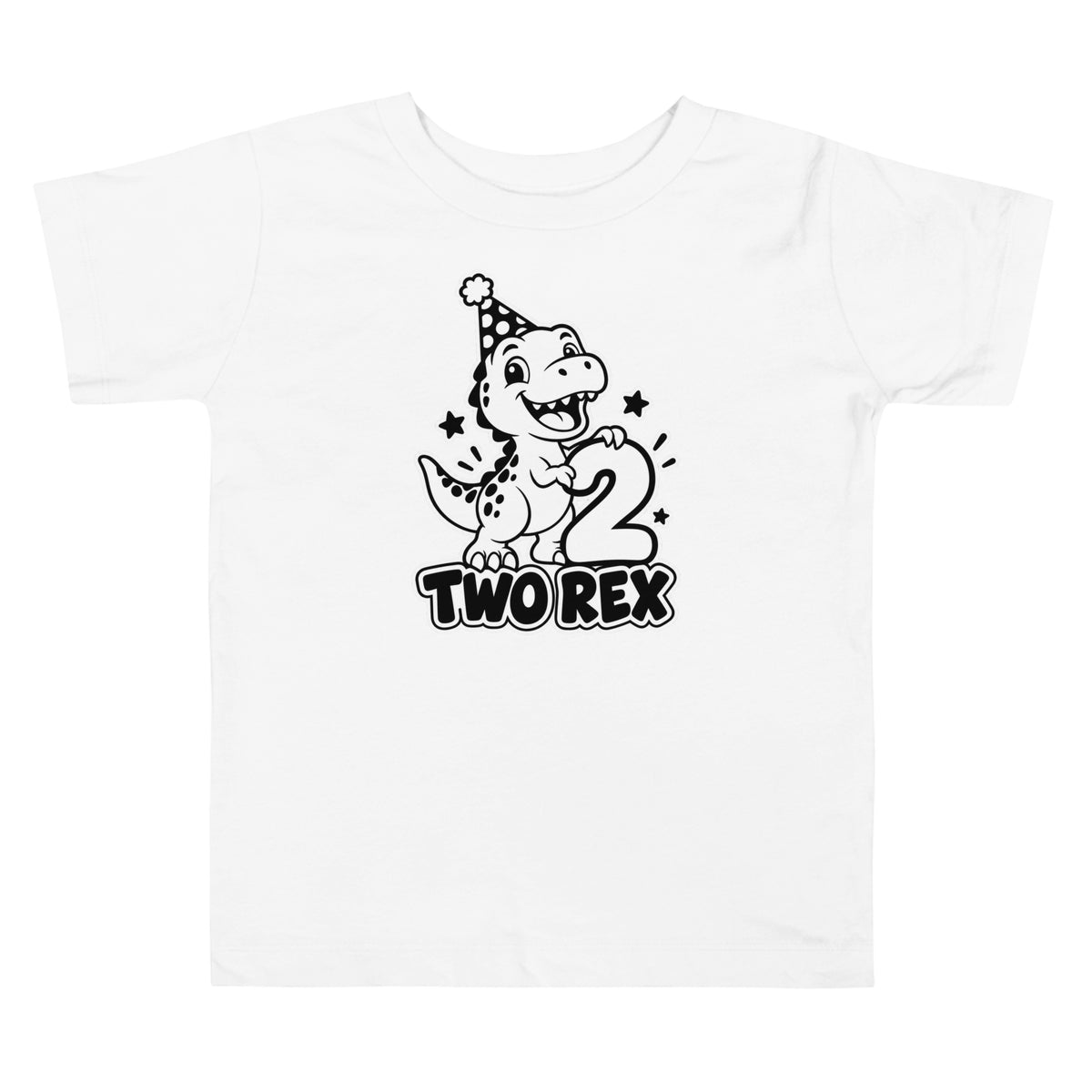 Two Rex toddler dinosaur birthday t-shirt in White, black and white T-rex in a party hat holding a big number 2 above TWO REX text, front view