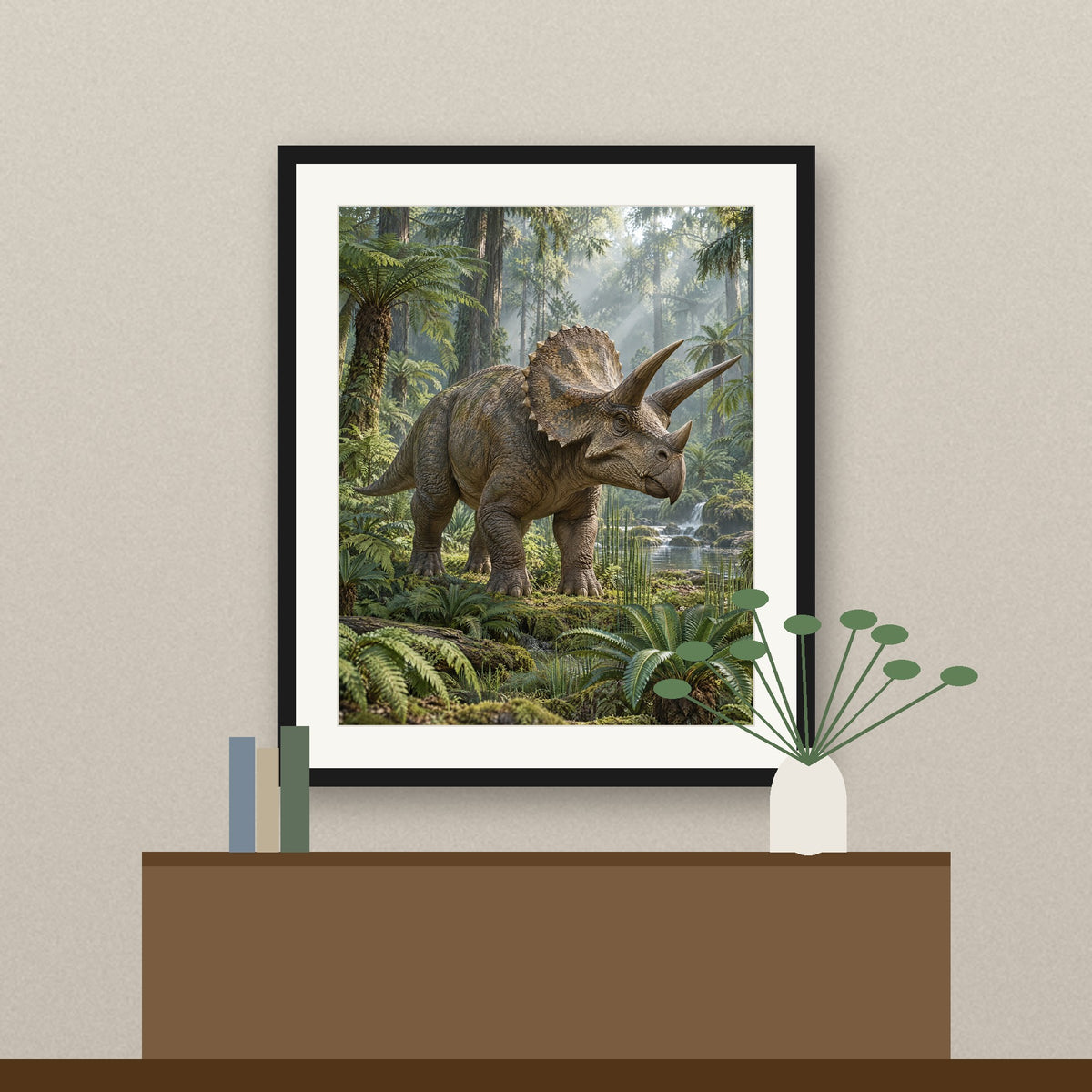 Triceratops in a fern forest dinosaur wall art printable (framed preview)