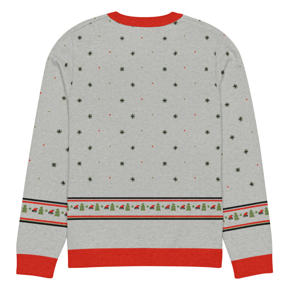 Back of the light grey Santa Hat Dinos knitted Christmas sweater with snowflakes and a fair-isle band of Santa hats and Christmas trees above the red hem