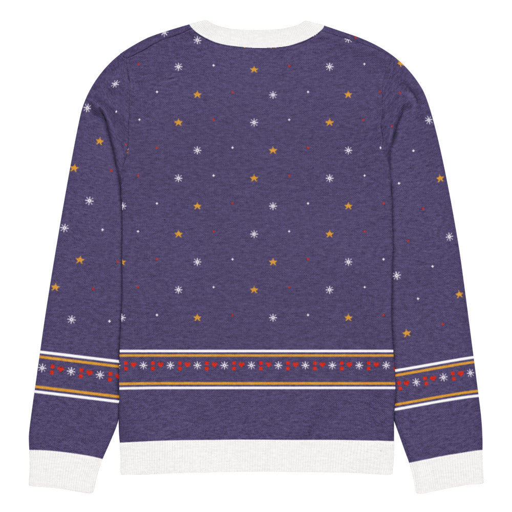 Back of the violet Let It Snow knitted Christmas sweater with snowflakes, gold stars and a fair-isle snowflake and heart band above the white hem
